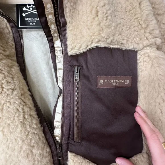 NWT Mastermind World Beige & Brown Cashmere Sherpa Jacket Skull & Crossbone Back - Picture 4 of 16
